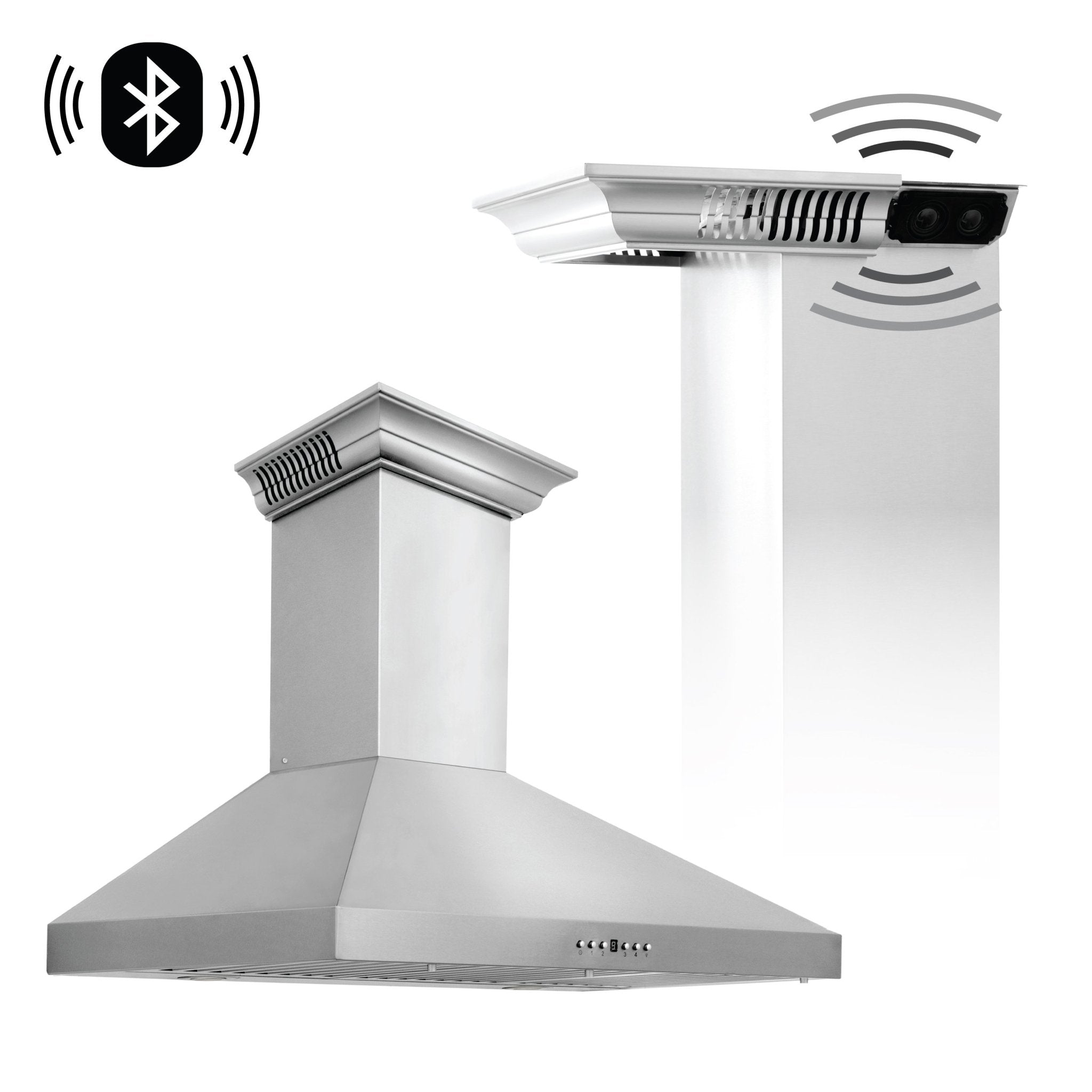 Stainless steel wall hood with built-in Bluetooth speaker and wireless signal icons.