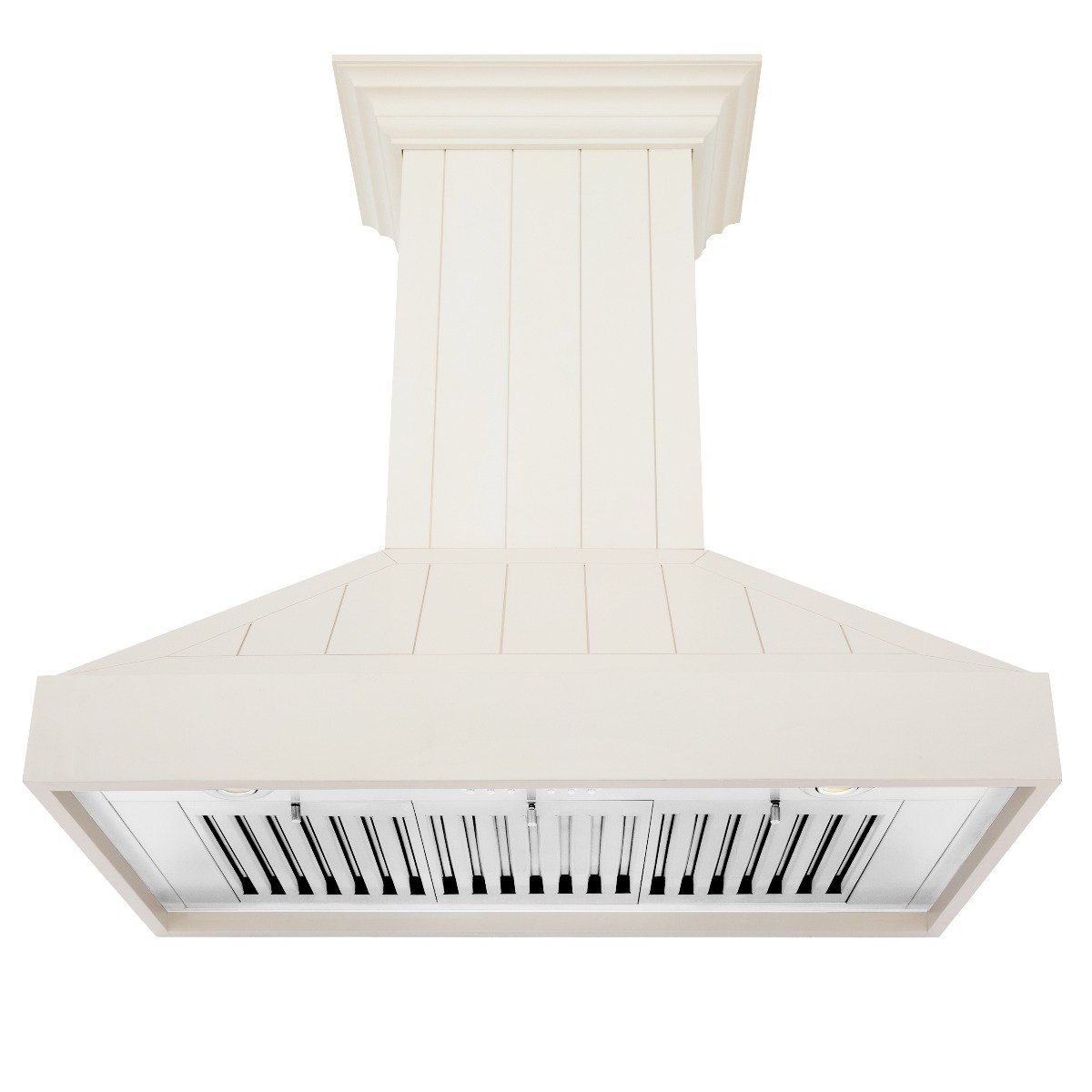 Cottage white wooden wall mount range hood with vent grille and baffle system
