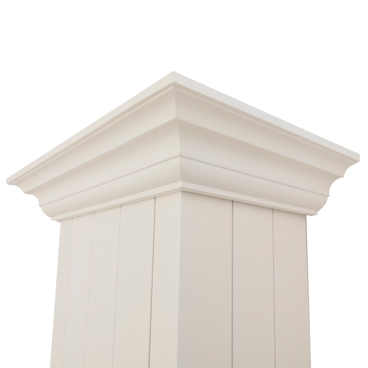 Cottage white range hood chimney column with decorative top molding