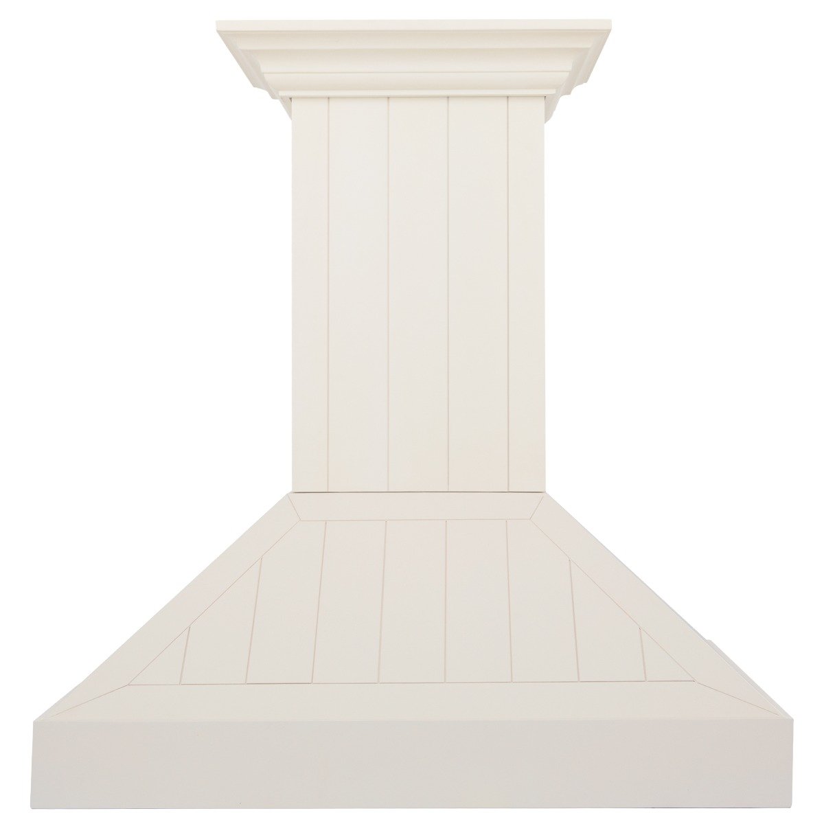 Cottage white wooden wall mount range hood with flared canopy and vertical paneling