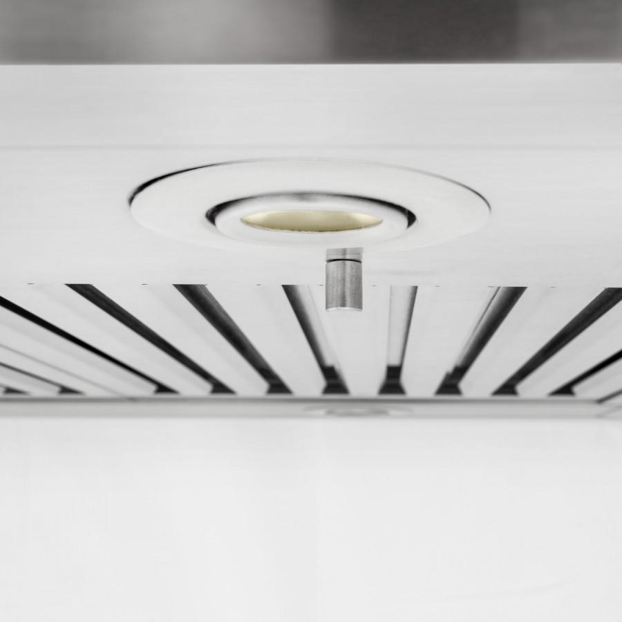 Island range hood light opening with baffle-style vent slats