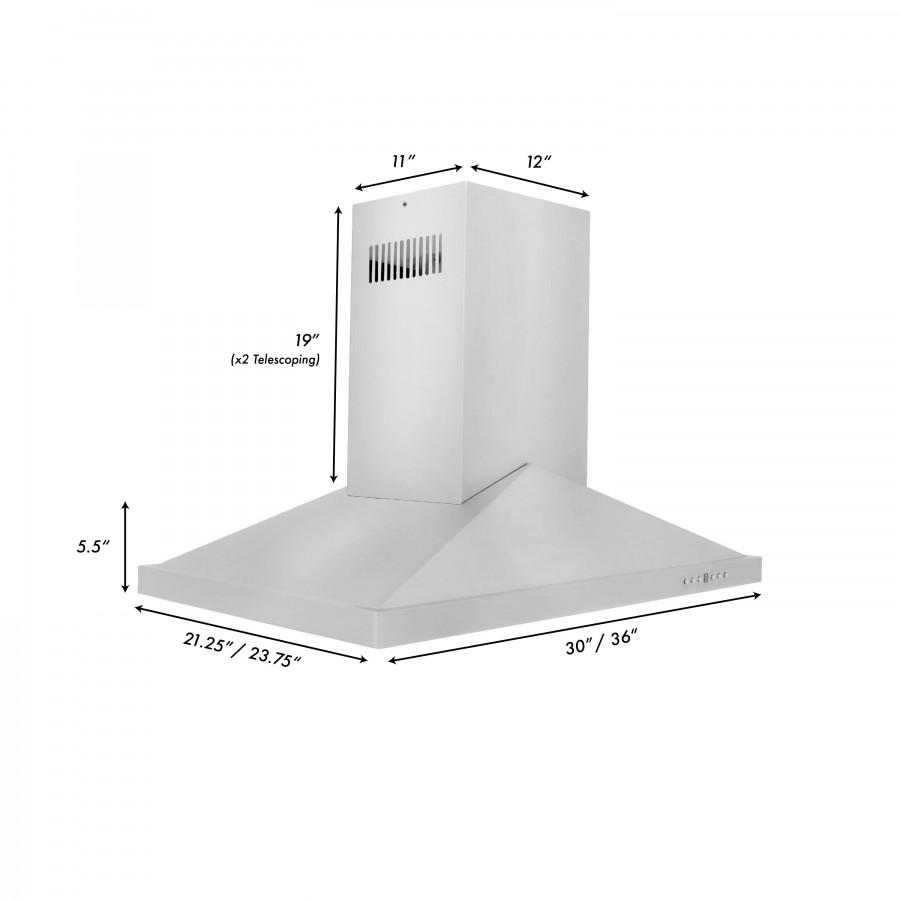 Island range hood dimensions diagram with chimney and wide canopy