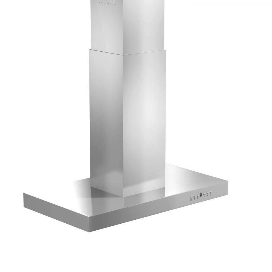 Stainless steel ZLINE island range hood with squared chimney base and control buttons