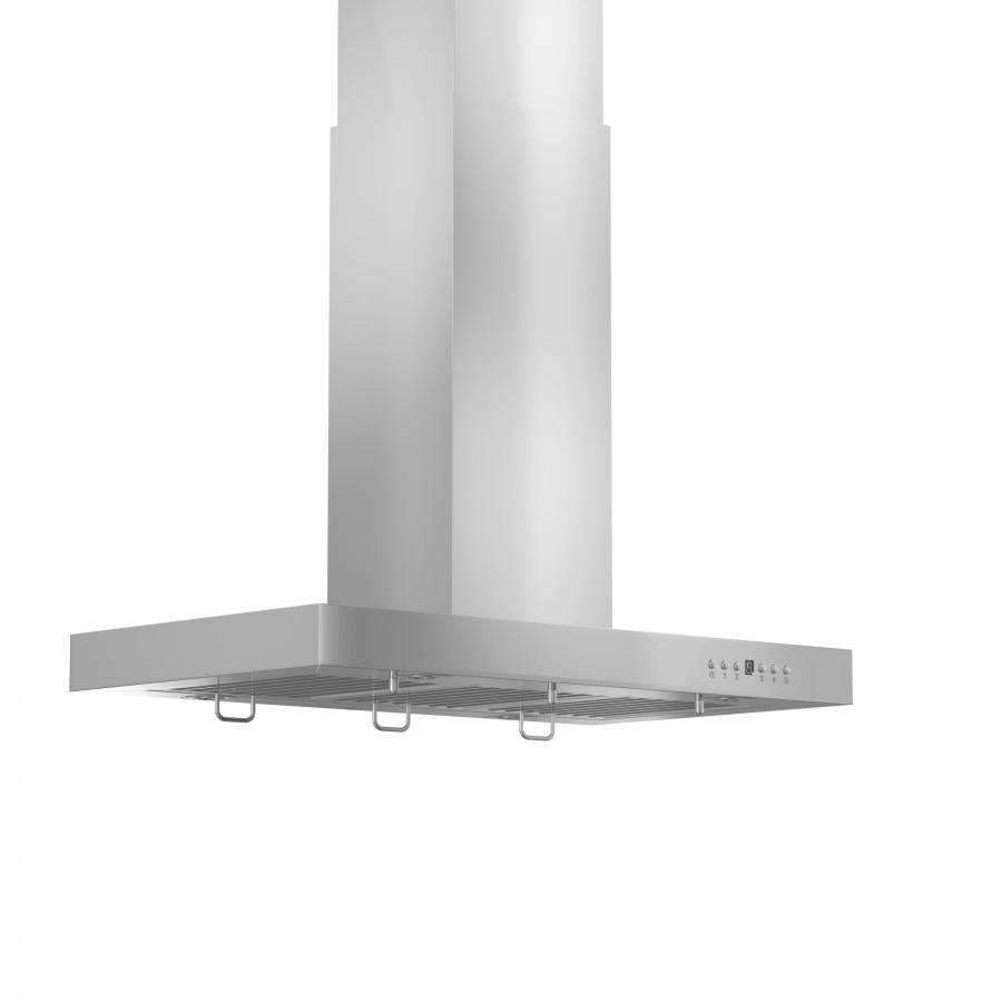 Island range hood with stainless chimney and slim vent canopy with control lights