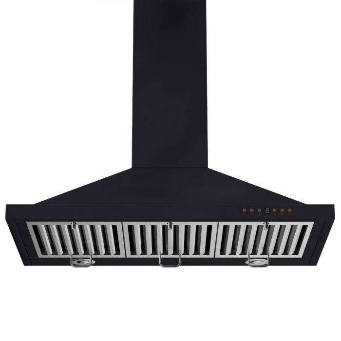 ZLINE wall range hood front panel with vent slats and dark chimney body