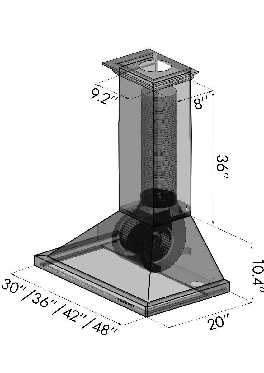 Wall range hood dimensions diagram, 36 in by 20 in base with 10 in height