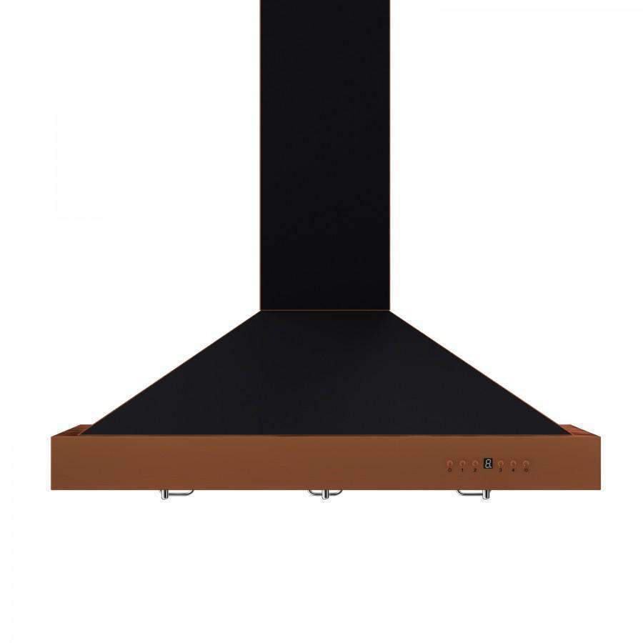 Black chimney and oil-rubbed bronze range hood canopy with front controls on white background.