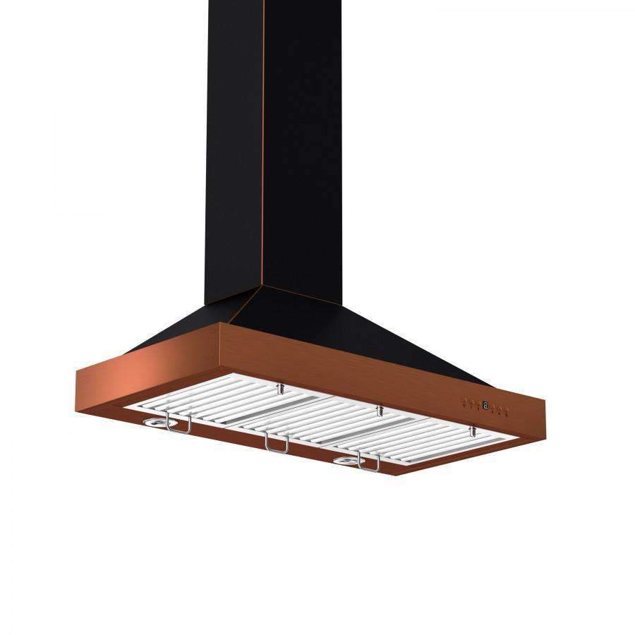 Under-drawers view of oil-rubbed bronze range hood with black chimney and baffle filters.