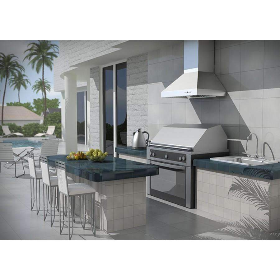 Wall-mount stainless steel range hood with angled chimney and duct vent opening