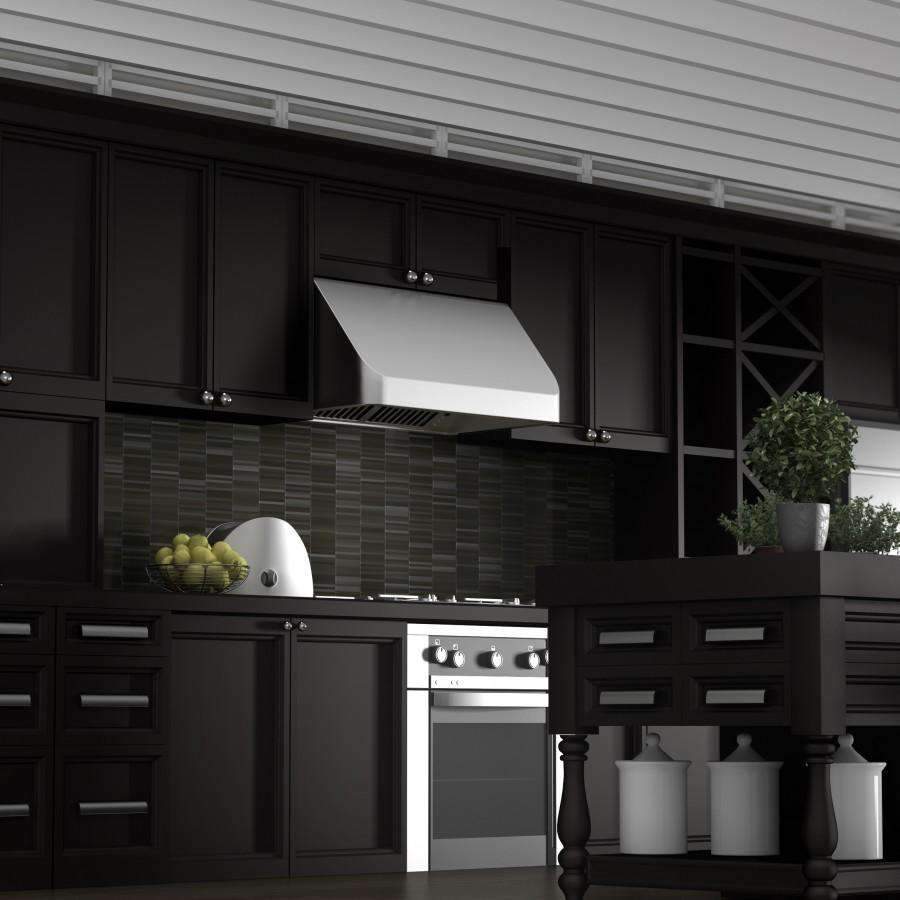 Stainless steel under-cabinet range hood with vented front and mounting hardware