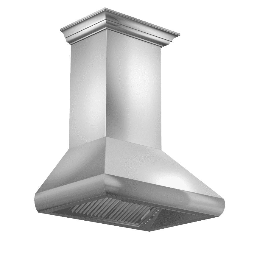 Stainless steel wall-mount range hood, tall chimney style with decorative crown
