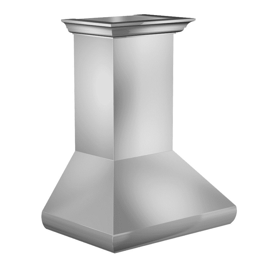 Stainless steel chimney-style range hood with flared bottom and rear chimney body