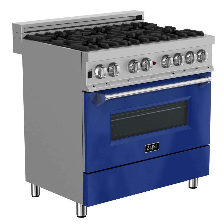 Blue and stainless dual fuel range with black cooktop grates and large oven door window