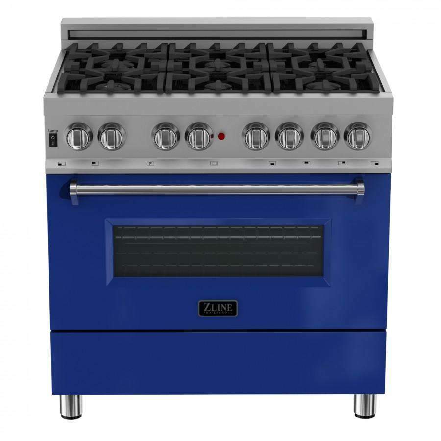 Blue dual fuel range with black burner grates, chrome knobs, and oven door window