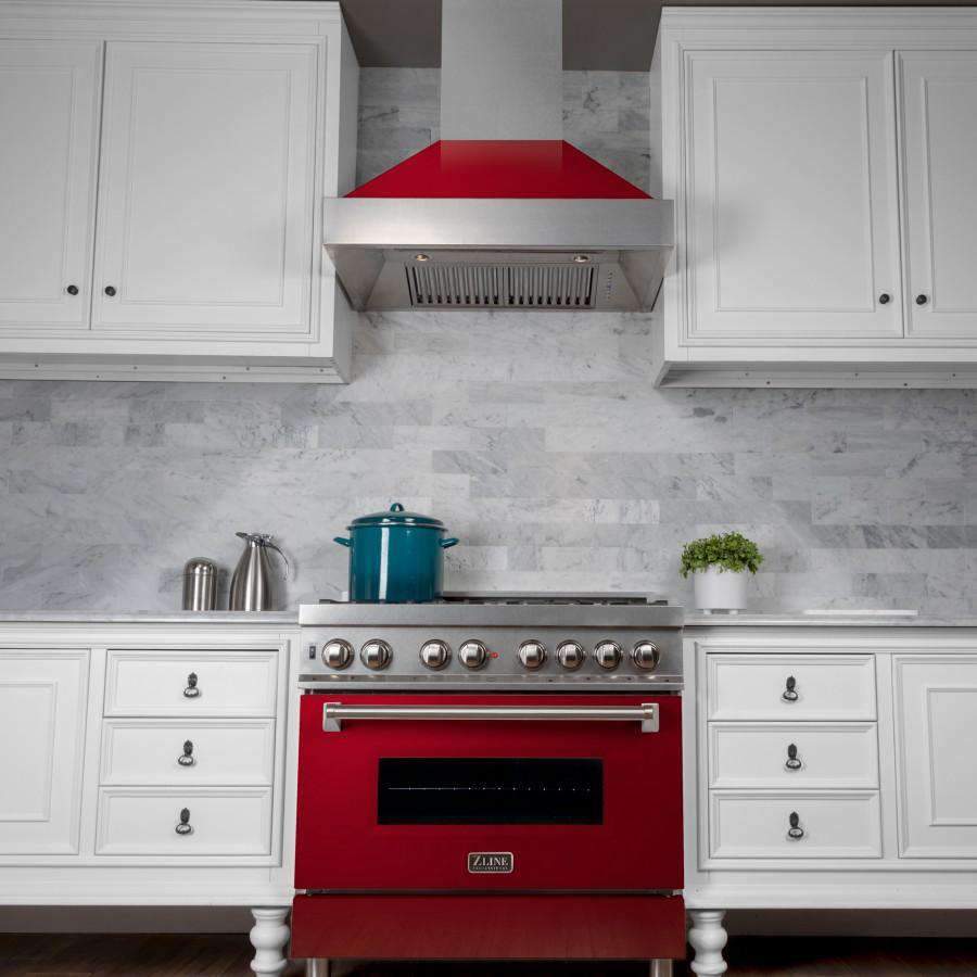 Dual fuel range with stainless cooktop, red oven door, and overhead vent hood