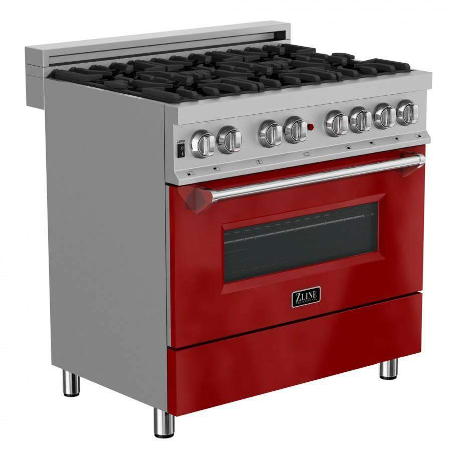 Stainless dual fuel range with gas burners, control knobs, and red glossy oven door