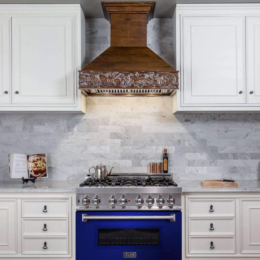 ZLINE dual fuel range front with blue oven door, silver handle, stainless cooktop grates
