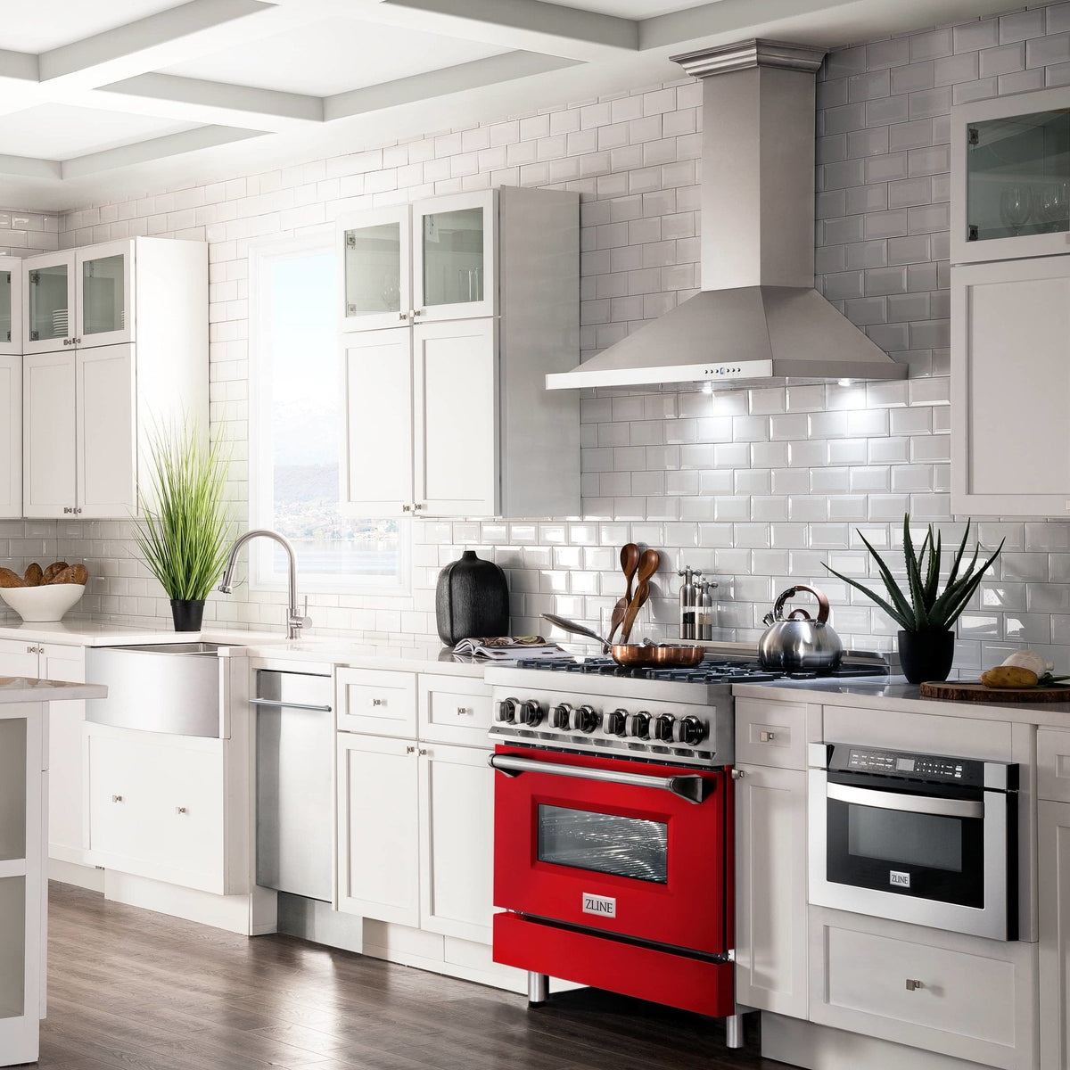 Dual-fuel gas range with red matte oven door and stainless cooktop