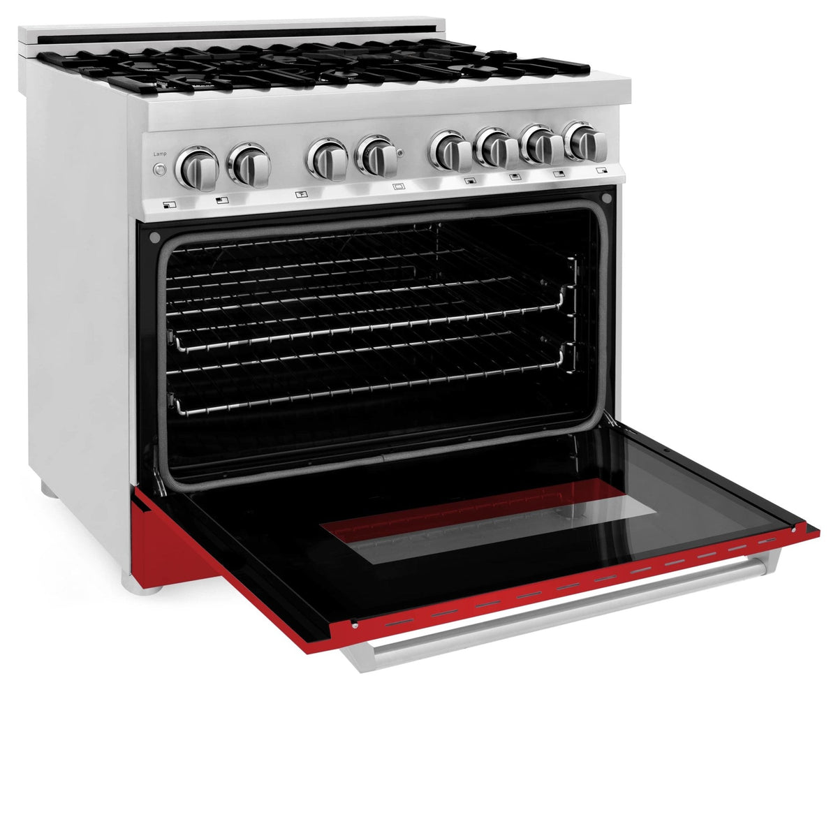 ZLINE dual fuel oven with open door, black racks, and red trim panel