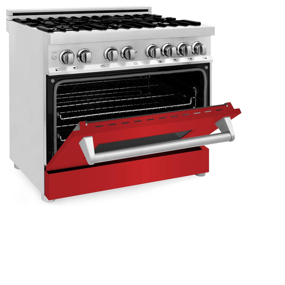 Gas range oven door open showing black interior and red matte drawer