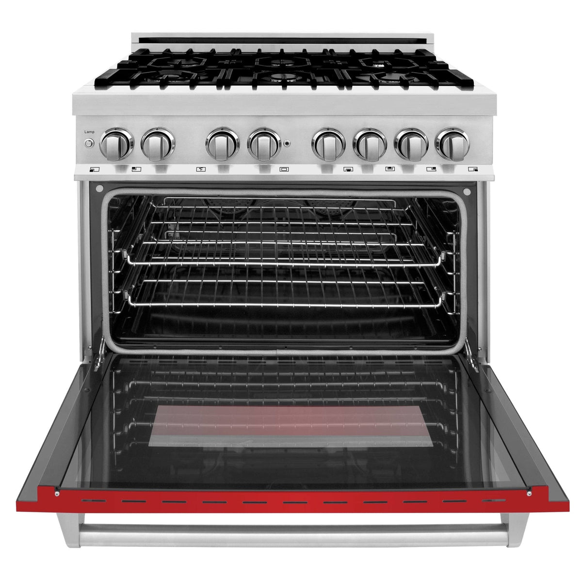 Stainless gas range with open oven door, black racks, and red matte panel