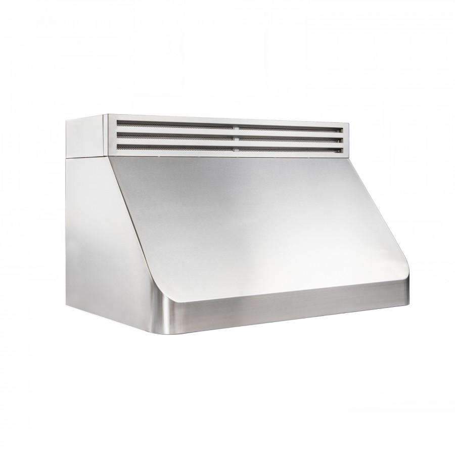 Stainless steel under-cabinet range hood underside with curved baffle and vent slots