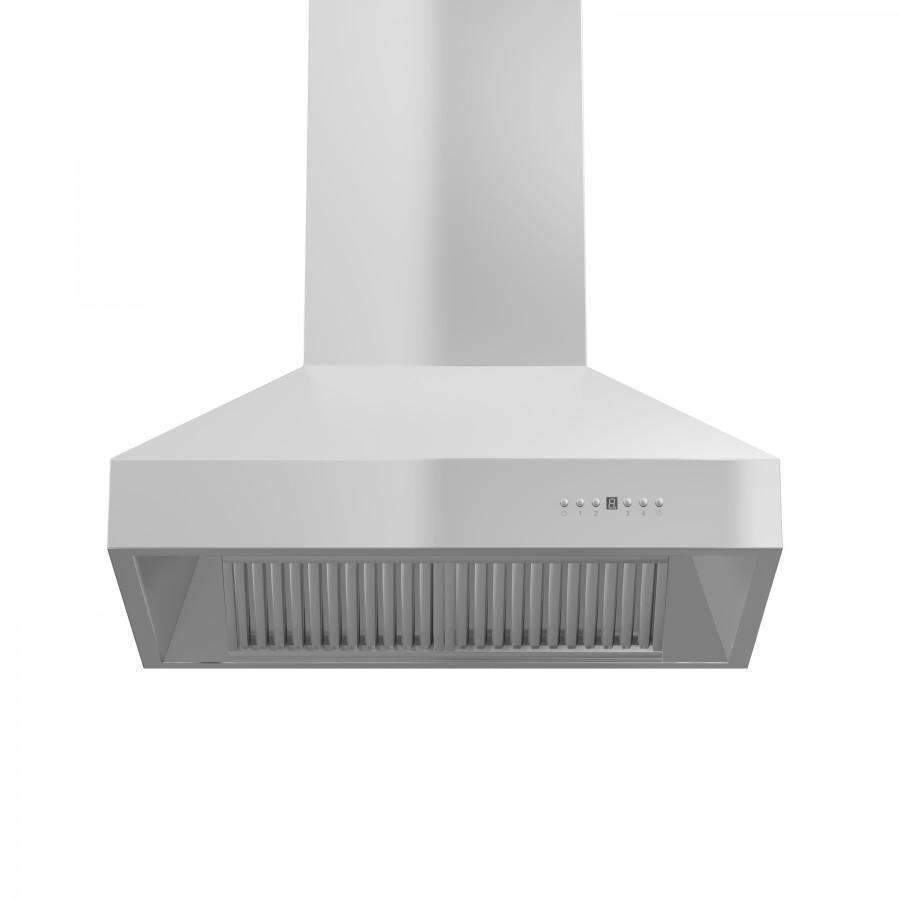 Stainless steel island range hood canopy with long vent grille and control icons