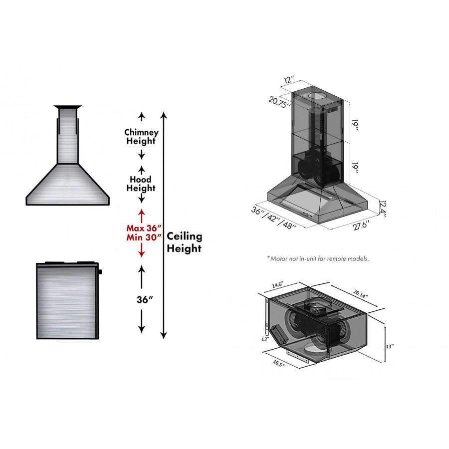 Stainless steel island range hood with chimney-style vent and side filters, dimension diagram