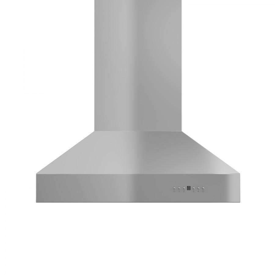 Stainless steel island range hood underside canopy with control icons near the edge
