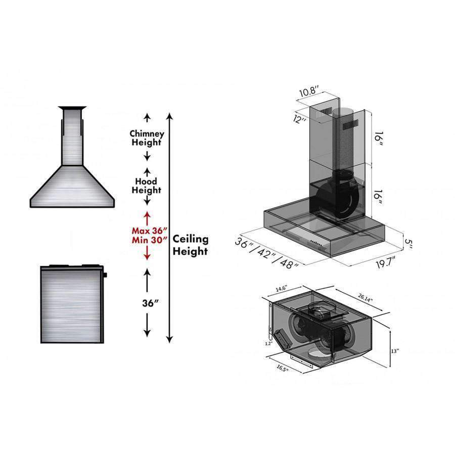 Wall range hood size diagram with chimney height and mounting clearance measurements