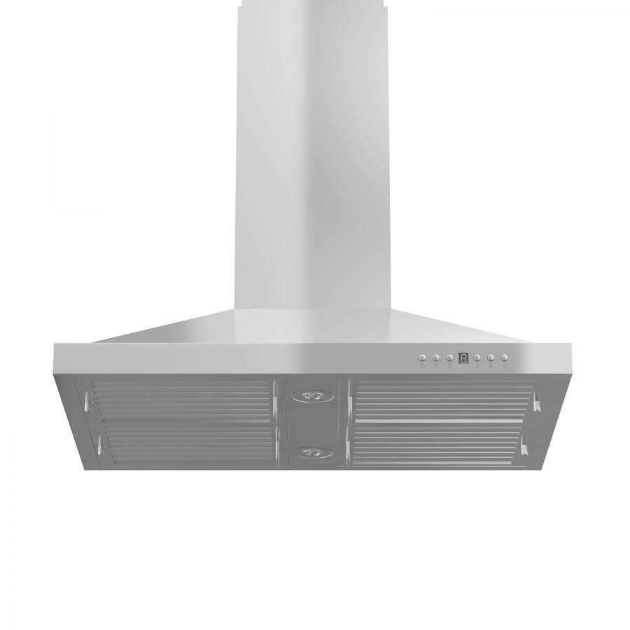 Stainless steel island range hood underside with louvered panels and control buttons.