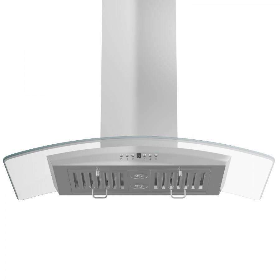 Island range hood control panel under curved glass canopy with stainless chimney