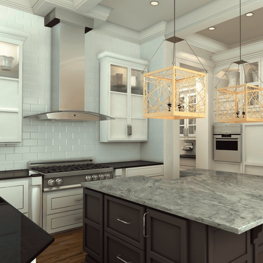 Stainless steel wall range hood with curved canopy, installed over a cooktop