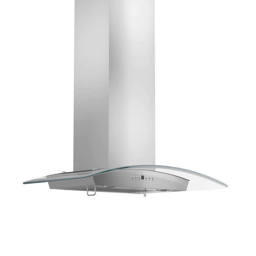 Stainless steel wall range hood with curved canopy and chimney duct, side view