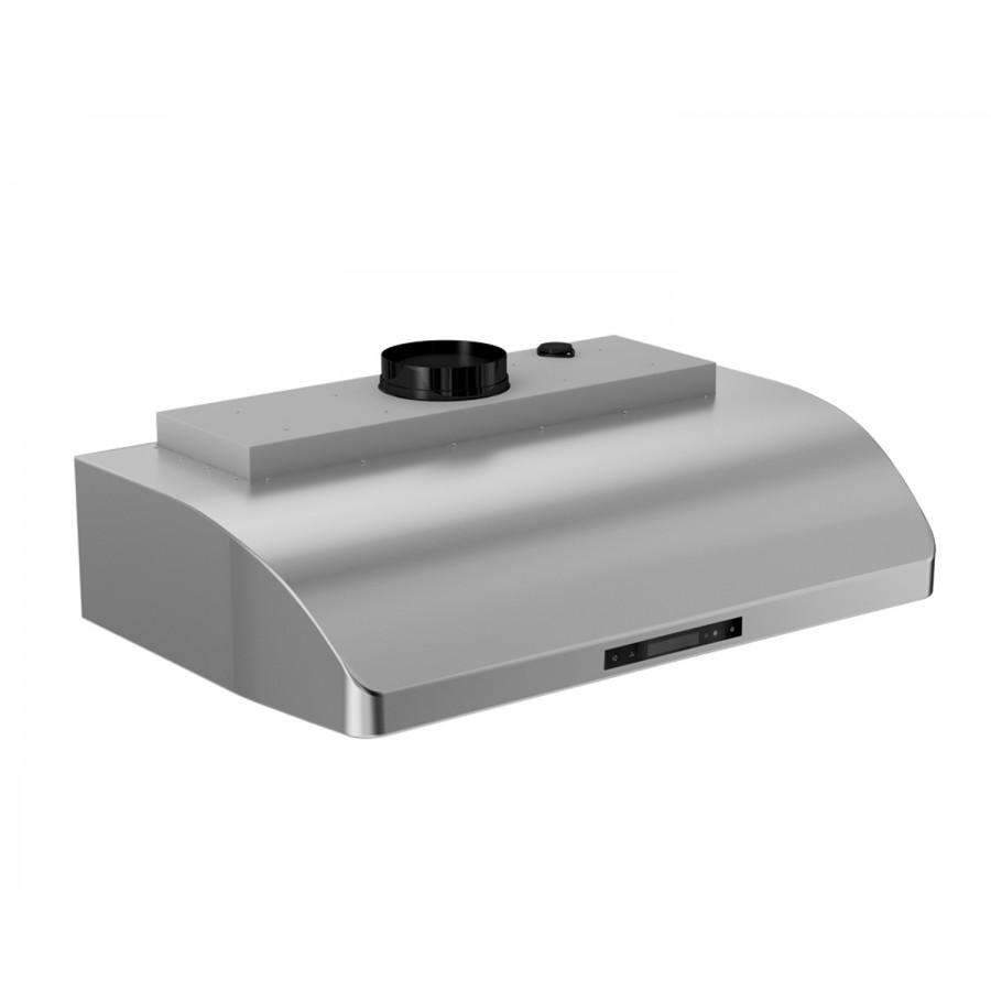 Under-cabinet range hood with white/silver body and black circular top vent