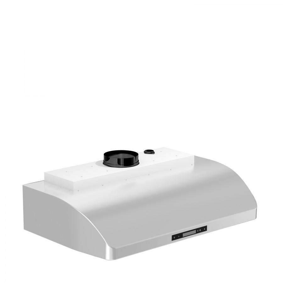 Under-cabinet range hood with white/silver body and black circular top vent cap