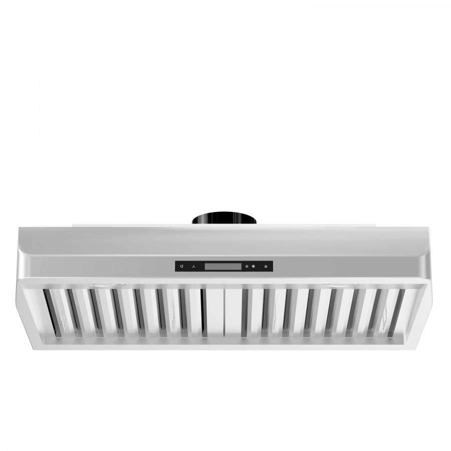 Under-cabinet range hood front view with vented slats and control display