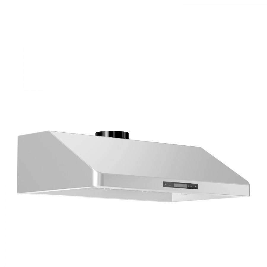 Under-cabinet range hood with white canopy finish and black vent outlet
