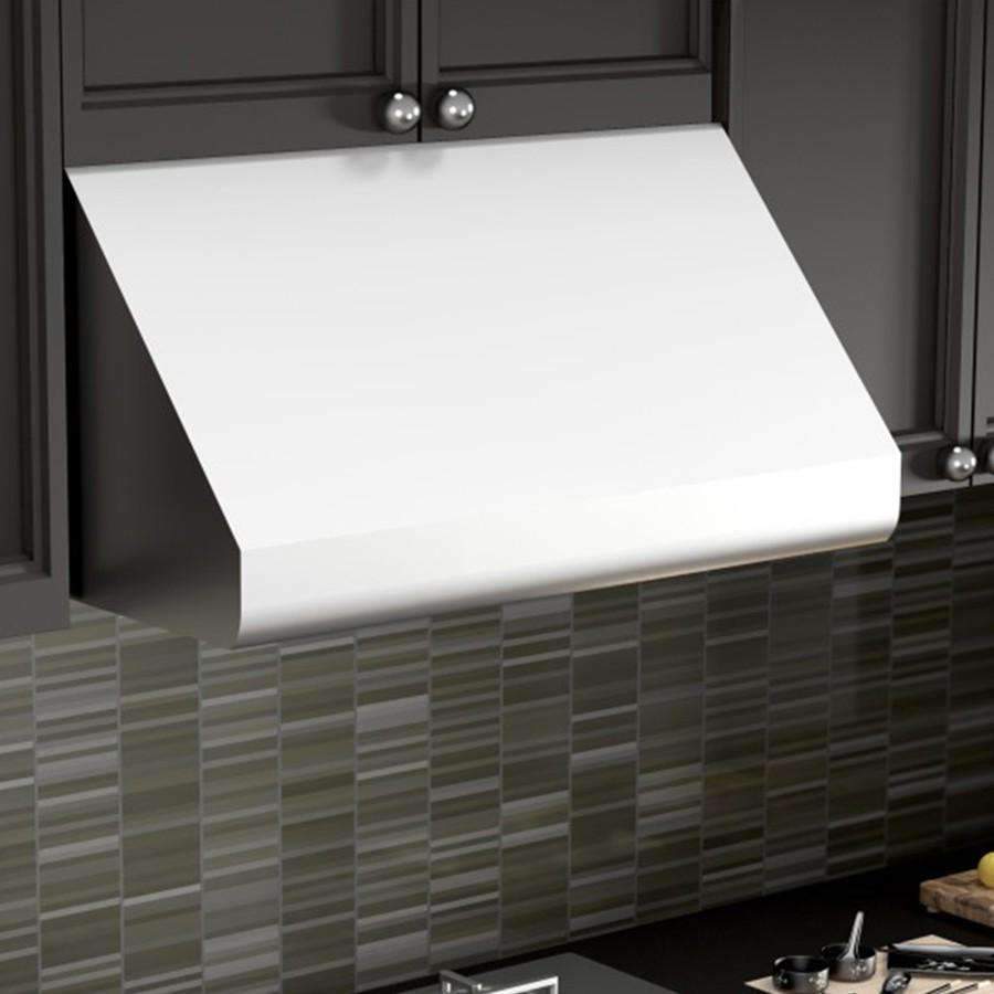 Under-cabinet range hood in stainless steel with front panel and angled chimney