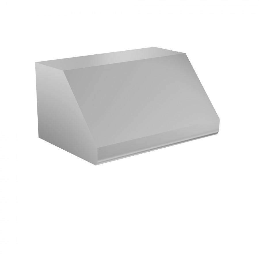Under-cabinet range hood in stainless steel with angled chimney and flat top