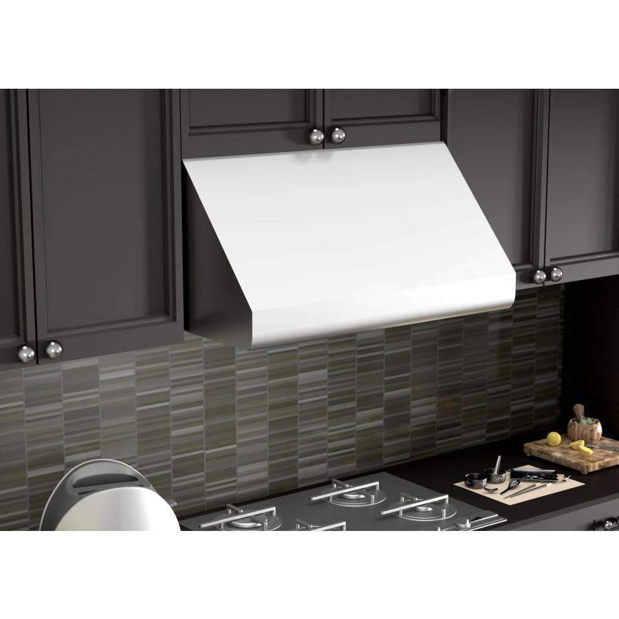 Under-cabinet range hood with white filter cover and vented panel beneath