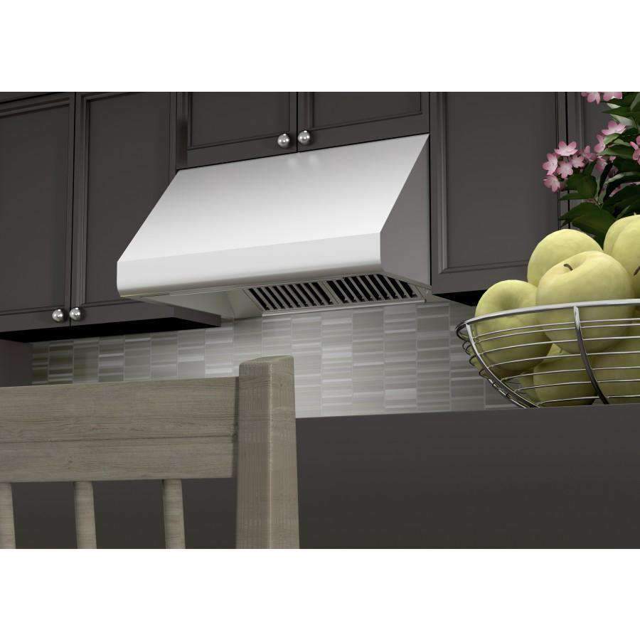 Under-cabinet range hood with stainless chimney and front vent grille beneath