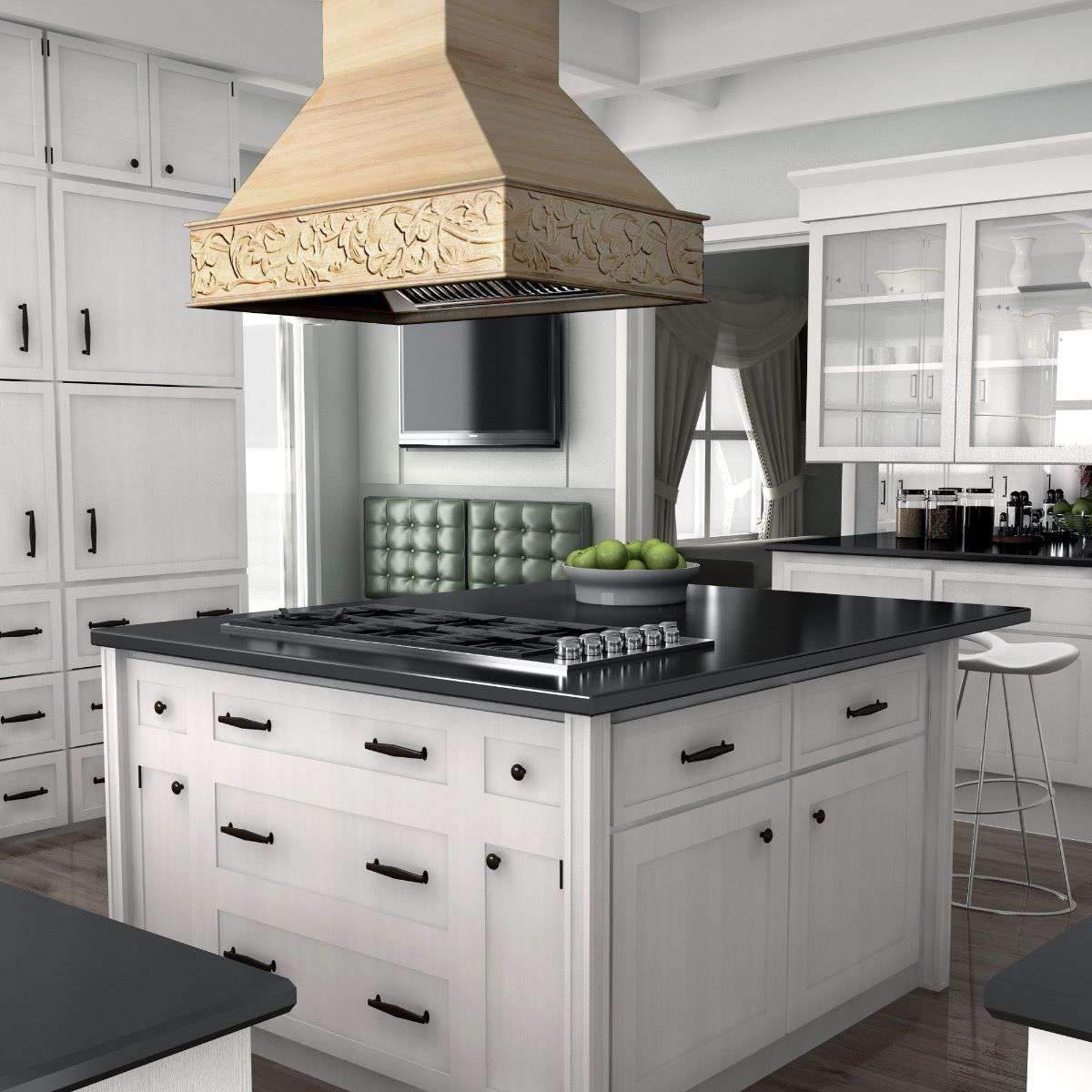 Unfinished wood island range hood above cooktop with carved front trim
