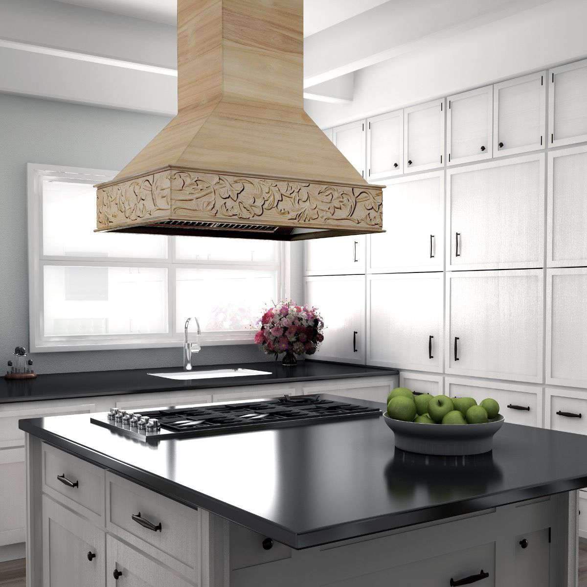 Unfinished wooden island range hood with decorative front panel and chimney