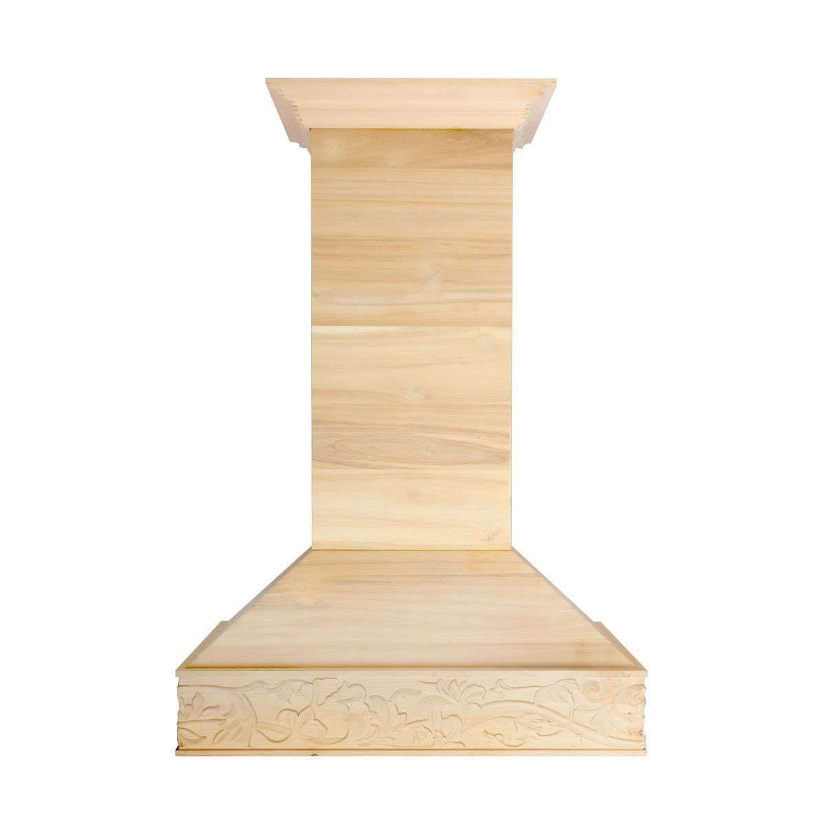 Unfinished wooden island range hood with carved front panel and chimney chimney