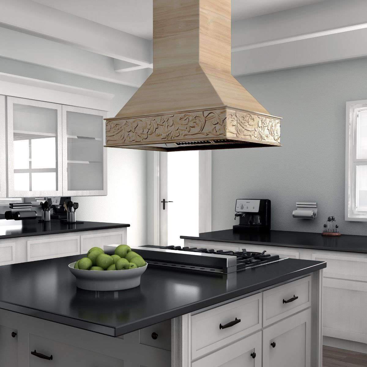Unfinished wooden island range hood with carved front trim and chimney