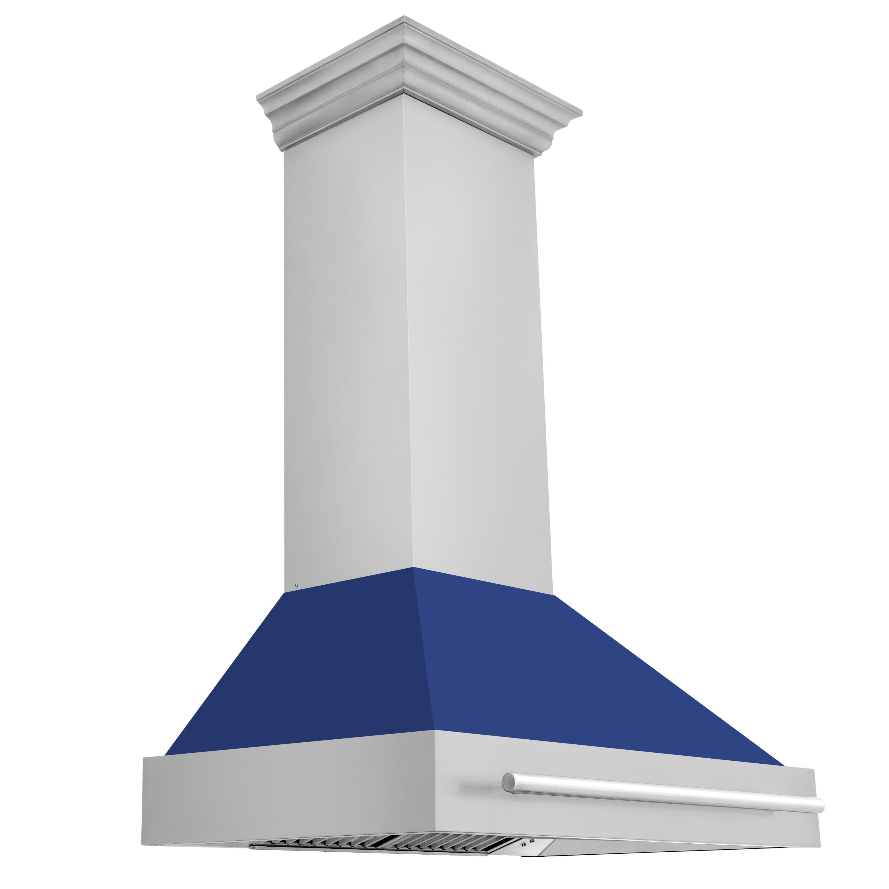 36-in wall mount range hood with blue matte shell and stainless handle