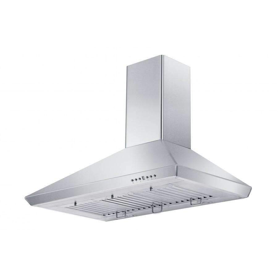 Stainless steel wall range hood with rectangular canopy and front filter grates