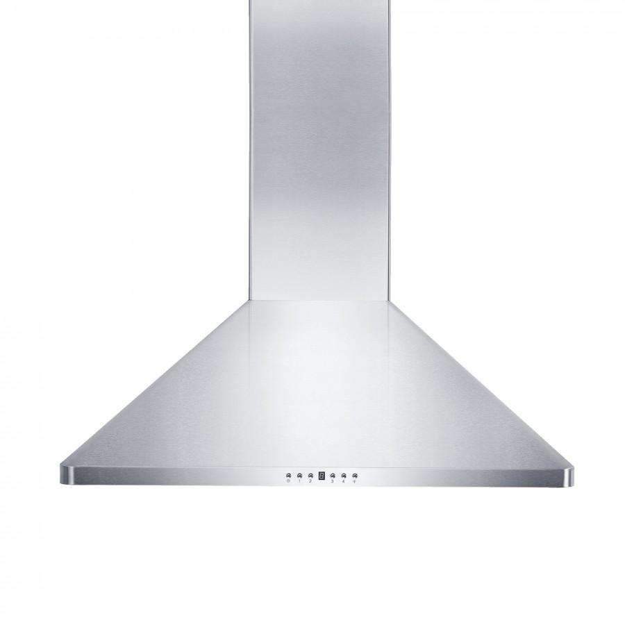 Stainless steel wall range hood with flared canopy and slim chimney column