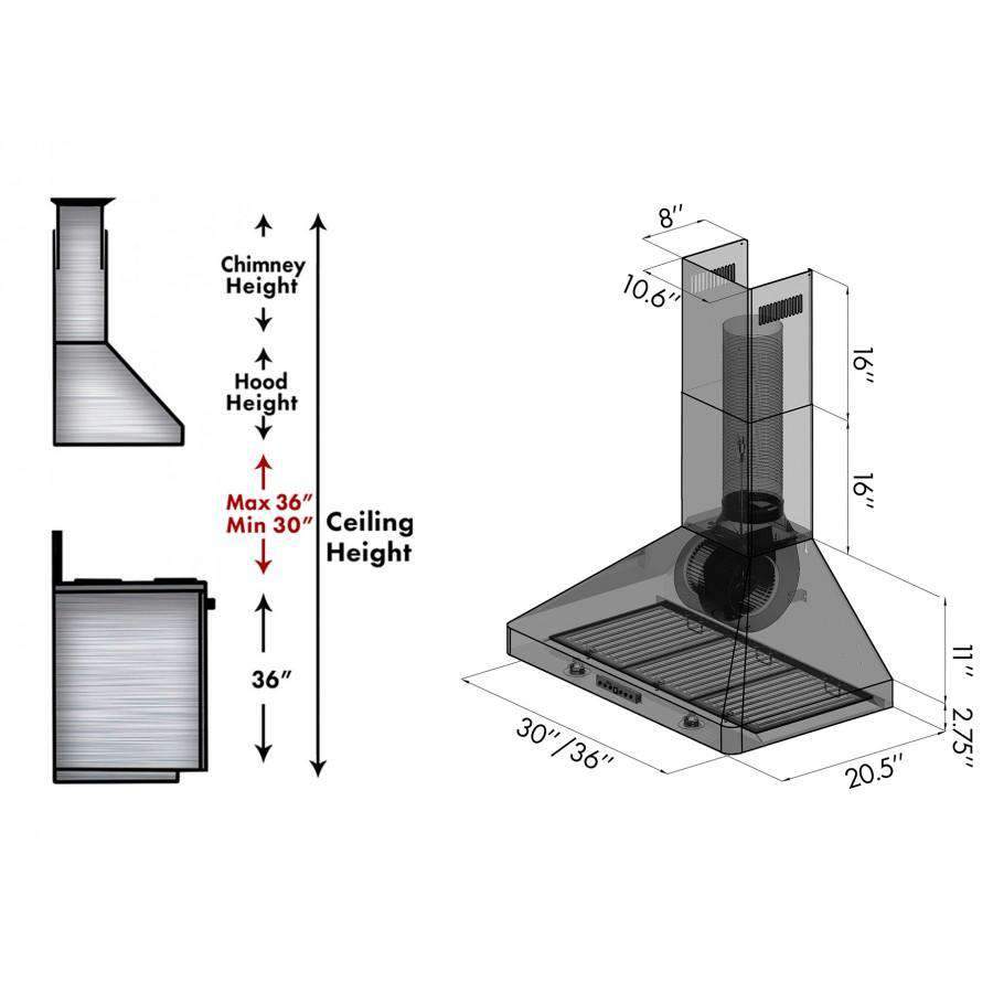 ZLINE KF2-36 range hood installation diagram with height and chimney measurements